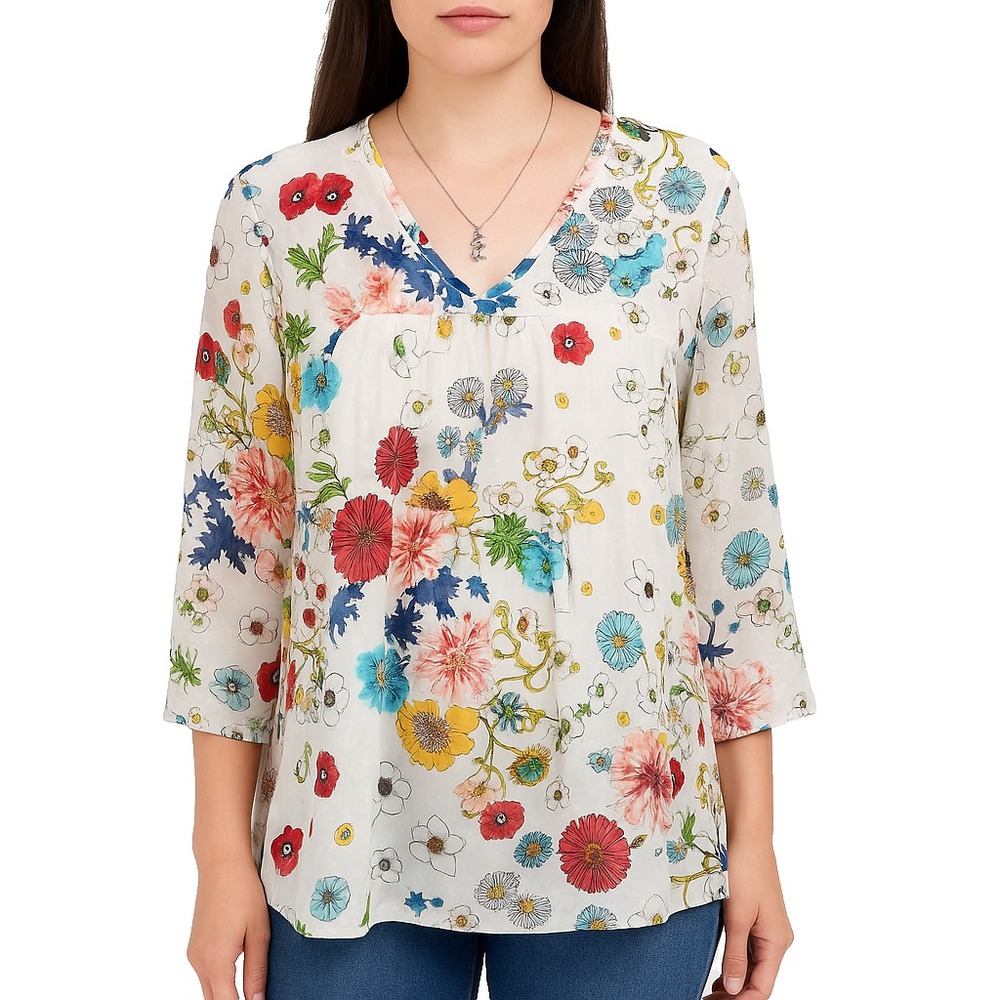 Chris & Carol Womens L Sheer Floral Tunic Blouse White Multicolor Boho Top